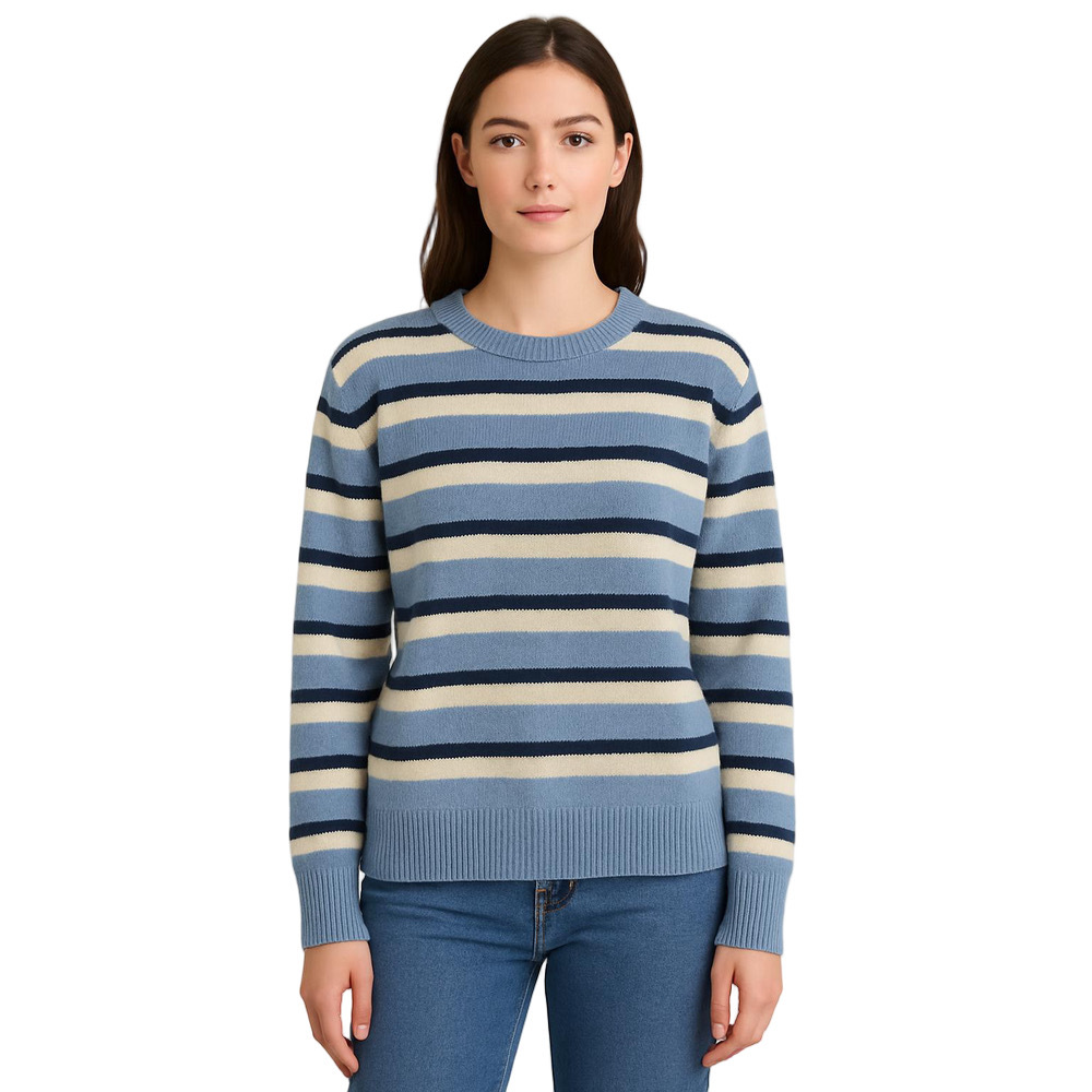 Signature Blue and Cream Striped Knit Pullover Sweater 100% Cashmere